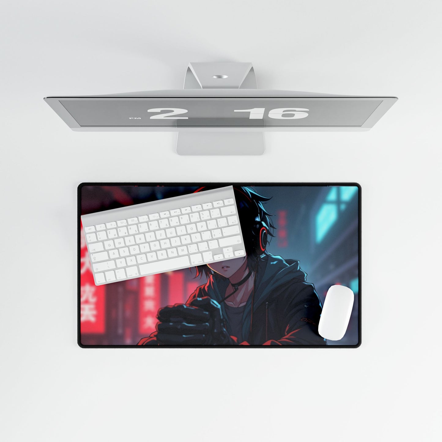 Cyberpunk Anime Gaming Desk Mat — Neon City Boy RGB Mousepad