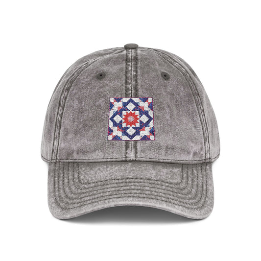 Embroidered Vintage Quilted Star Cap — Distressed Red Baseball Hat