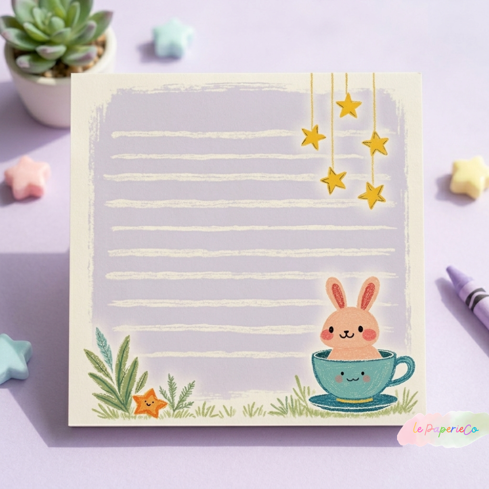 Kawaii Teacup Bunny Notepad | 4x4in Stationery, 50 sheets