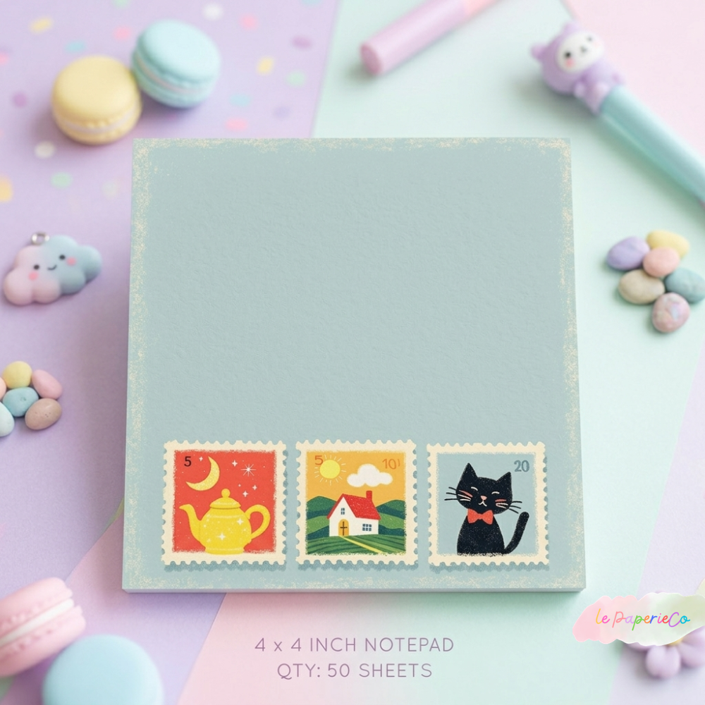 Kawaii Vintage Stamp Notepad | 4x4in Stationery, 50 sheets