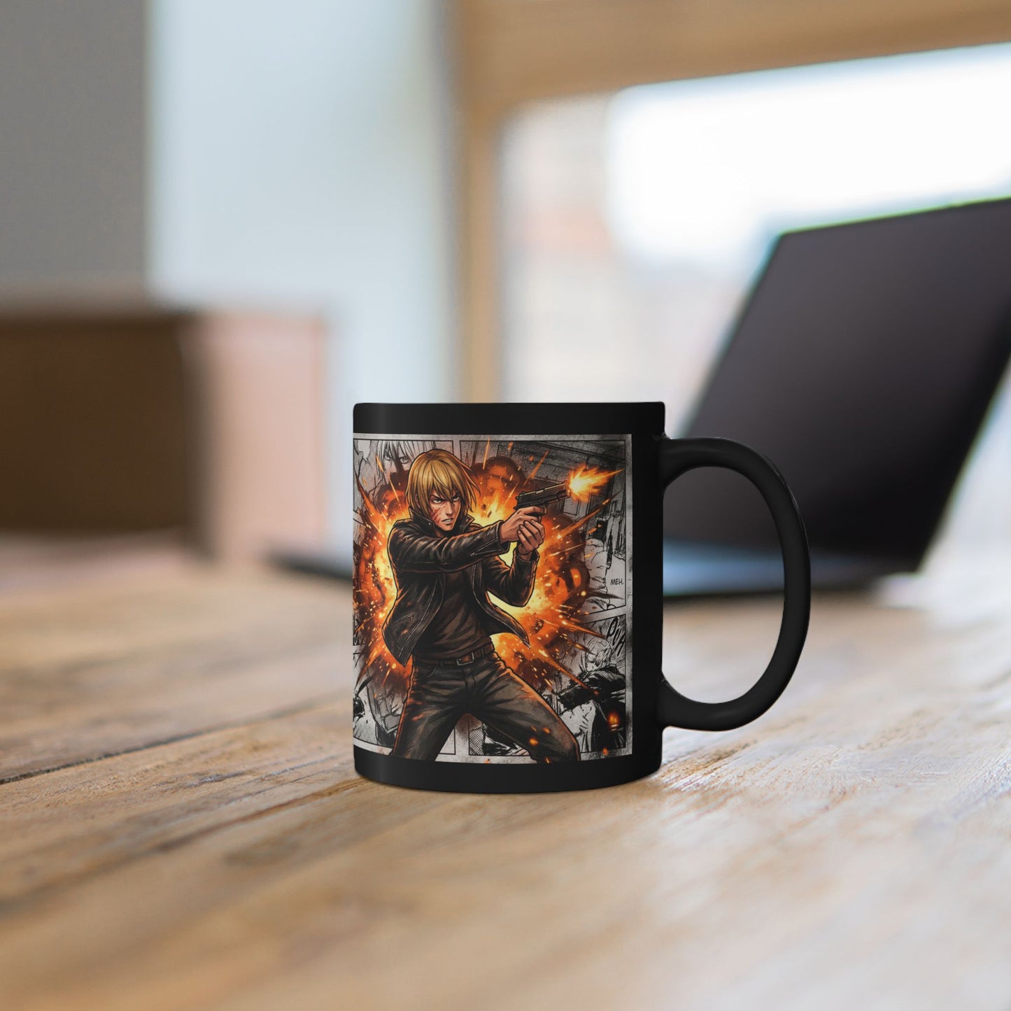Anime Action Black Mug — Fiery Shooter Graphic (11oz & 15oz)