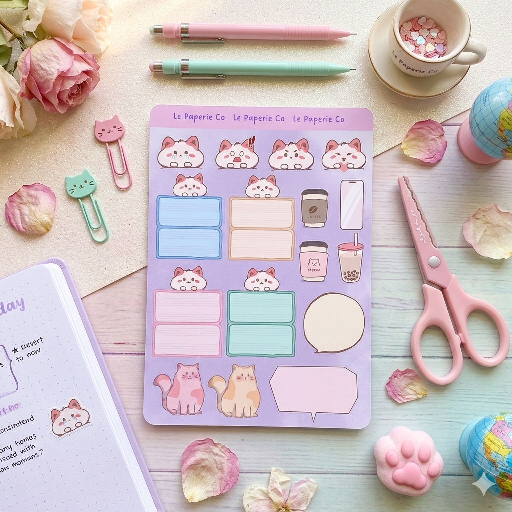 Kawaii Cat Writable Sticker Sheet | 4x6in. Journaling, Planner, Scrapbooking