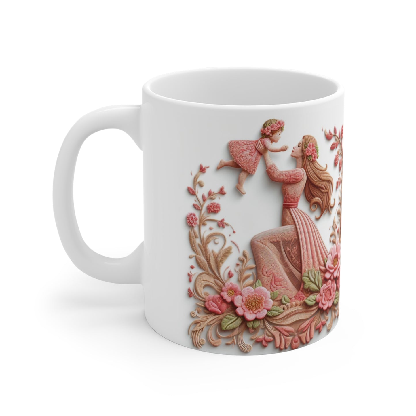 Mother and Daughter Floral Mug — 11oz Ceramic Coffee Cup, Tender Mom Love Gift