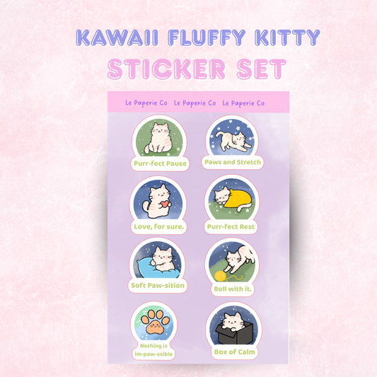 Kawaii Fluffy Kitty | Laminated Sticker Set/Decal