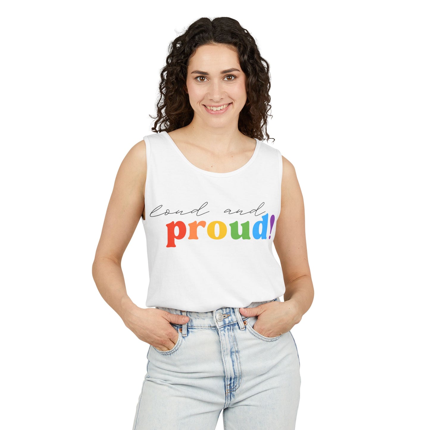 loud and proud! rainbow text Tank Top | Pride LGBTQ+ apparel