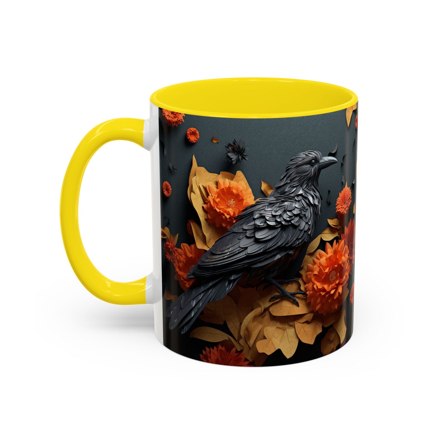Autumn Raven Accent Coffee Mug — Black Crow & Orange Chrysanthemums (11/15oz)