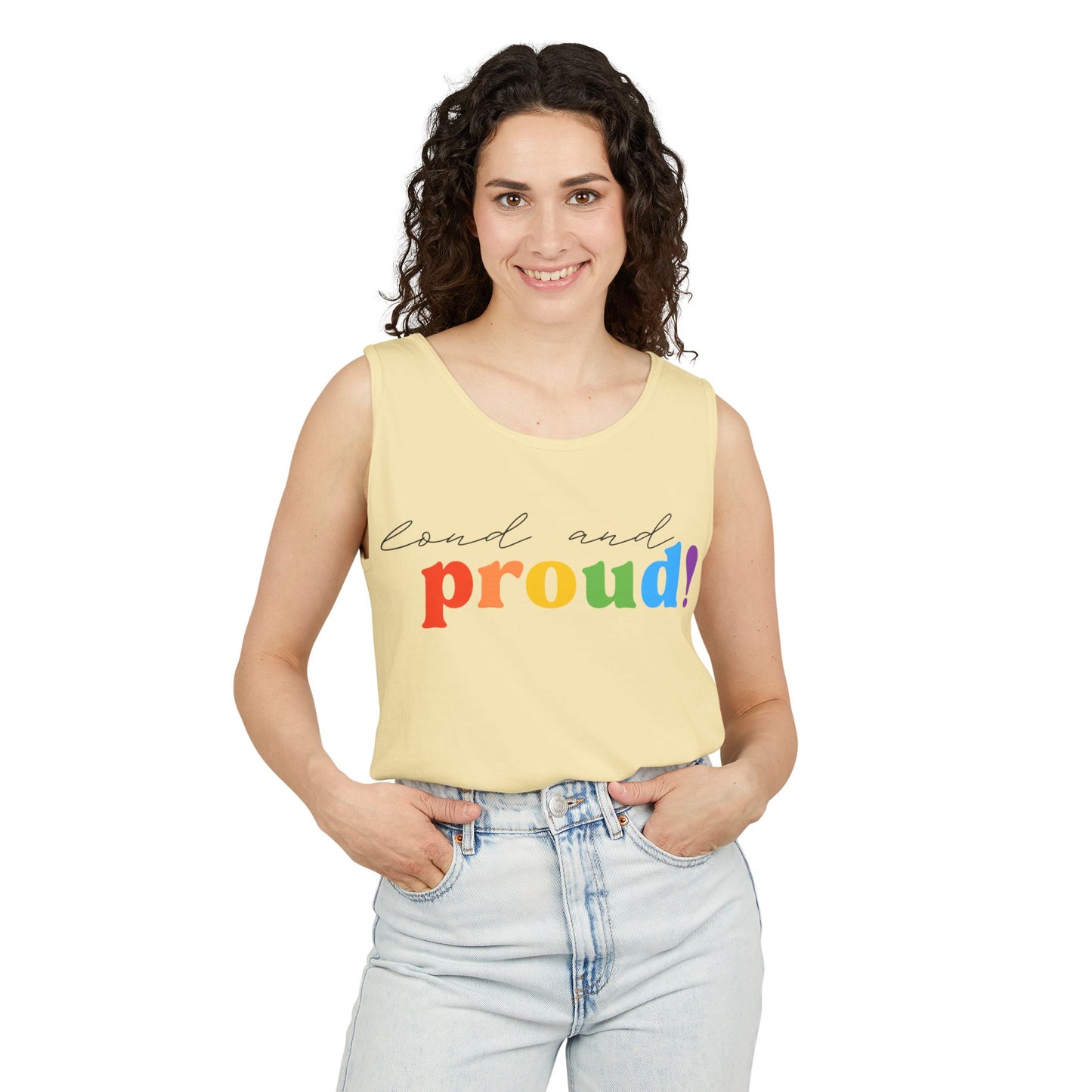 loud and proud! rainbow text Tank Top | Pride LGBTQ+ apparel