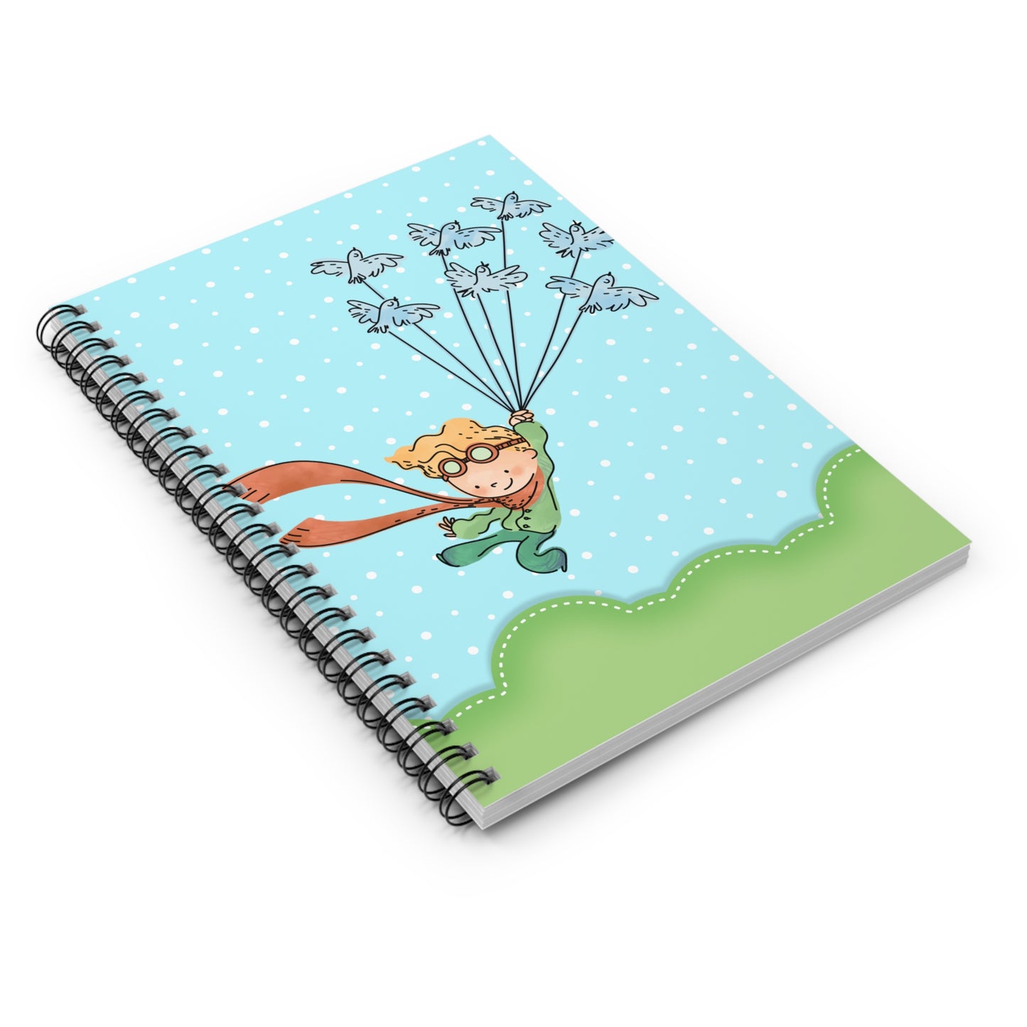 Child’s Adventure Spiral Notebook | Cute Flying Boy with Bird Balloons, Ruled Journal