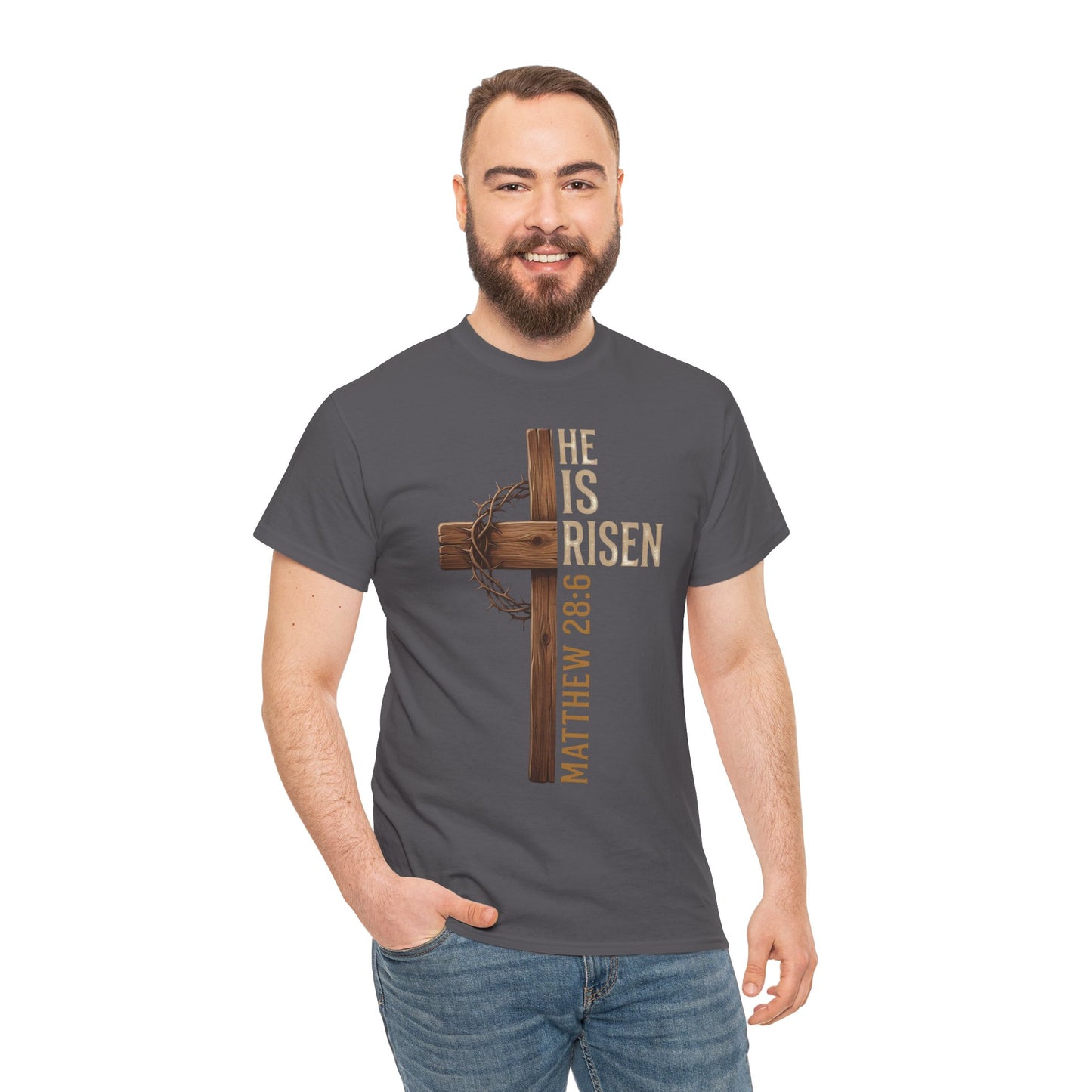 He Is Risen Cross T-Shirt | Matthew 28:6 Christian Easter Tee
