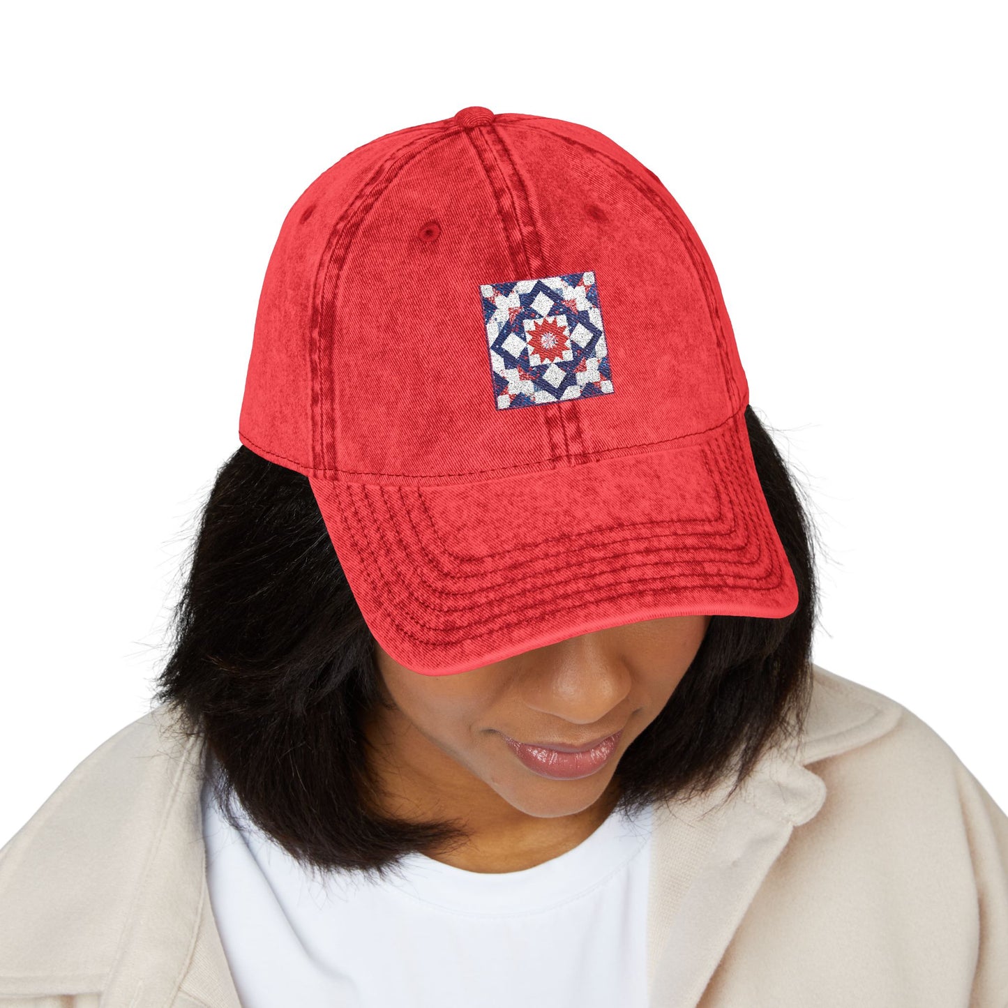 Embroidered Vintage Quilted Star Cap — Distressed Red Baseball Hat