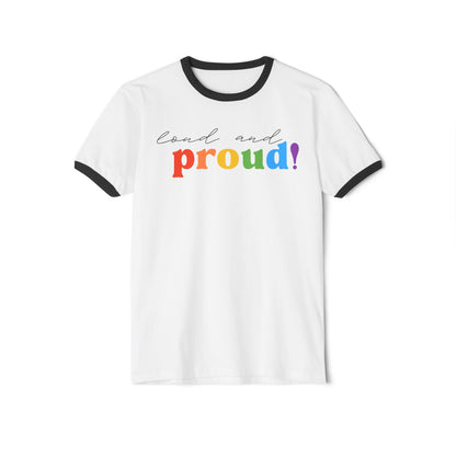 Loud and Proud rainbow script T-Shirt | Pride retro ringer tee
