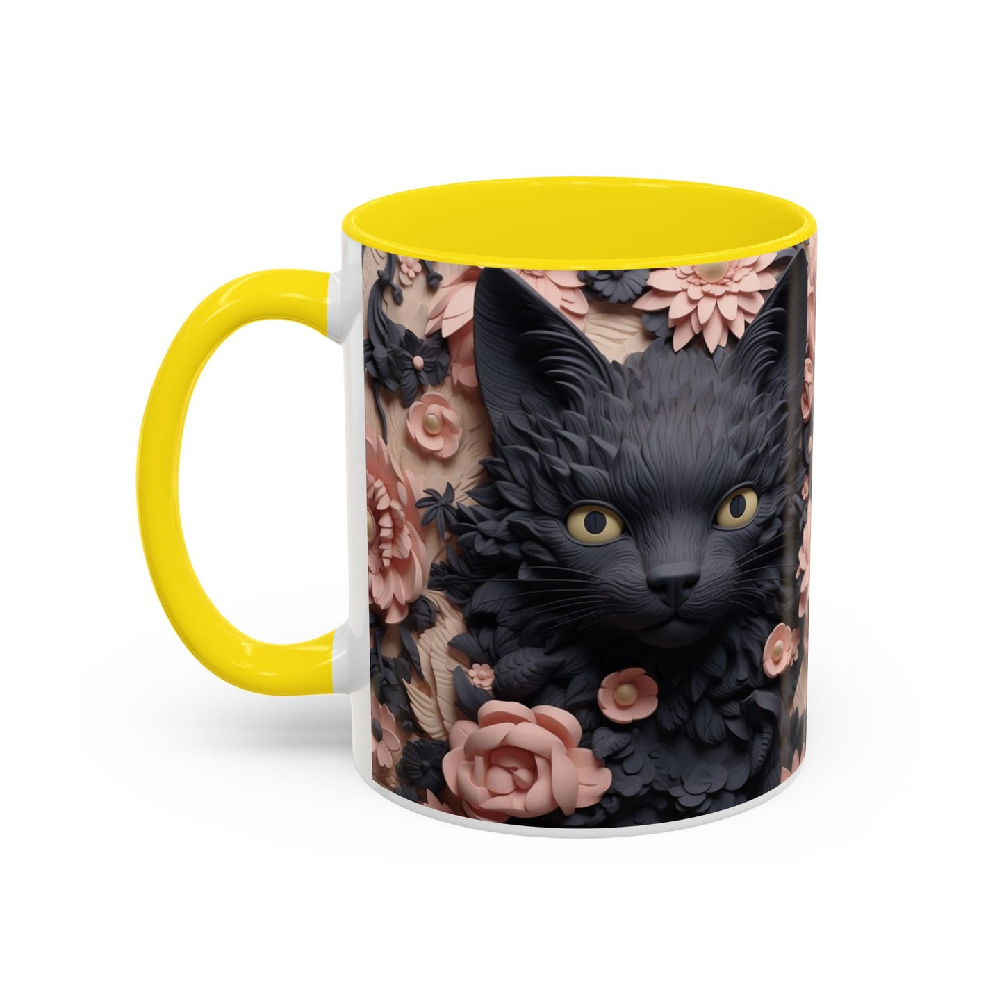 Black Cat & Pink Roses Accent Coffee Mug  11/15oz Floral Cat Art