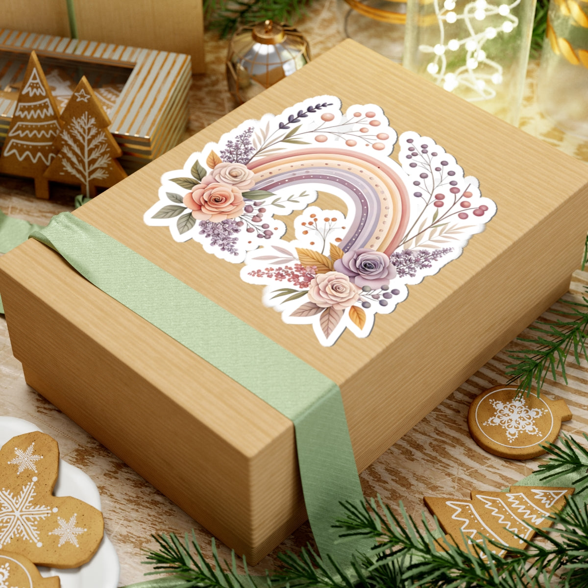 Pastel Floral Rainbow Sticker — Romantic Boho Laptop & Planner Kiss-Cut Sticker