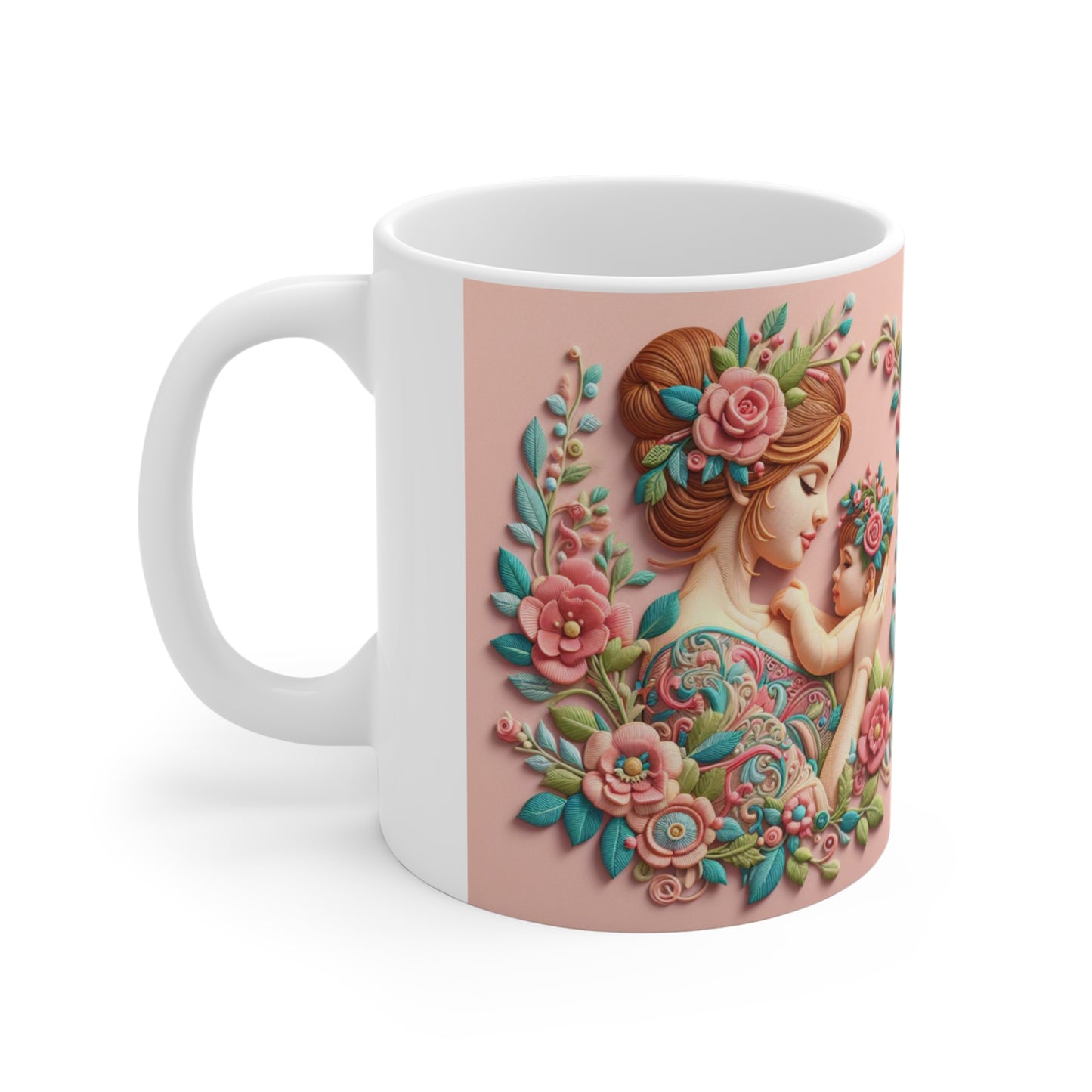 11oz Floral Mother & Child Gift Mug — Pink Vintage Floral Tea Coffee Cup