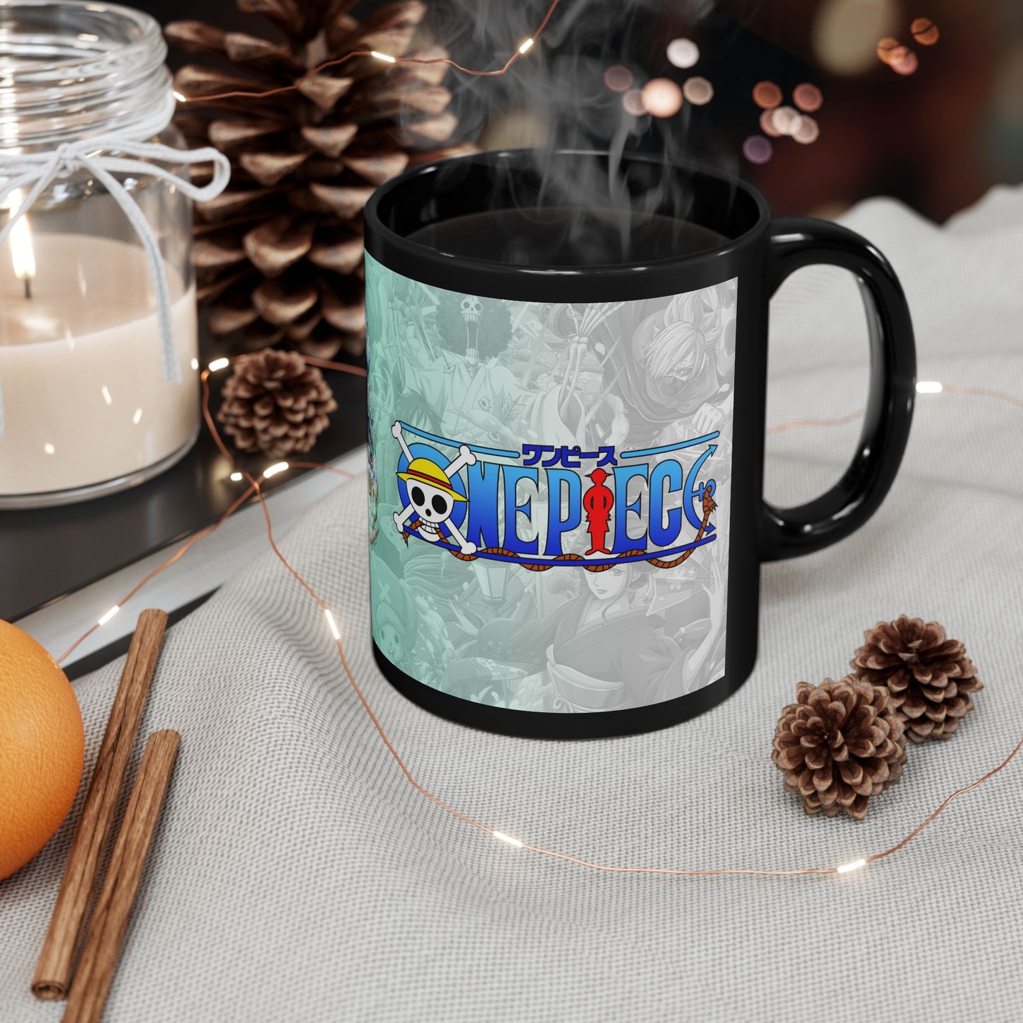 Anime Logo Black Coffee Mug 'One Piece' Style Pirate Crew Design