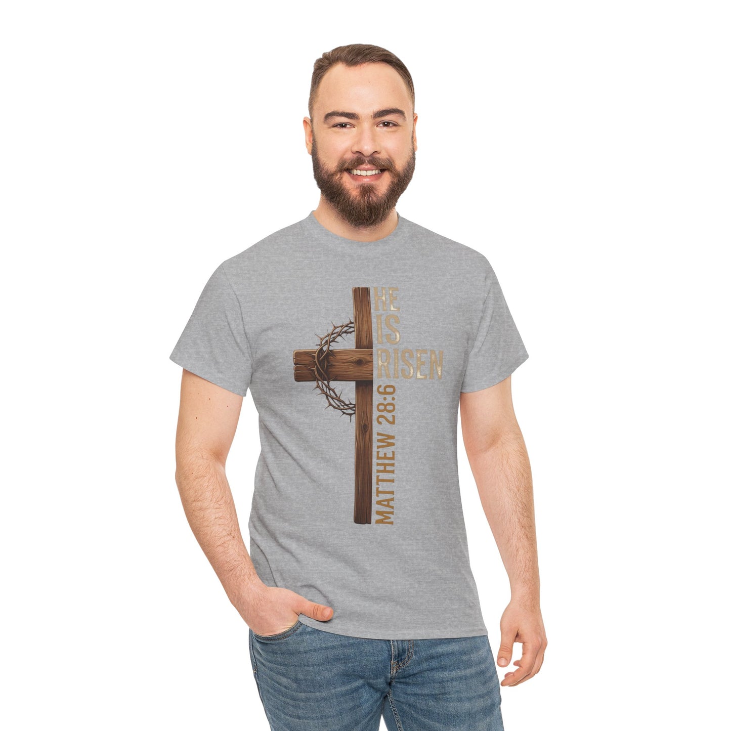 He Is Risen Cross T-Shirt | Matthew 28:6 Christian Easter Tee