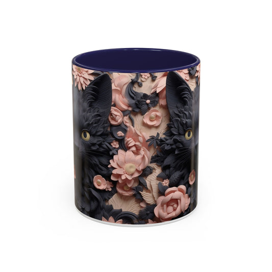 Black Cat & Pink Roses Accent Coffee Mug  11/15oz Floral Cat Art