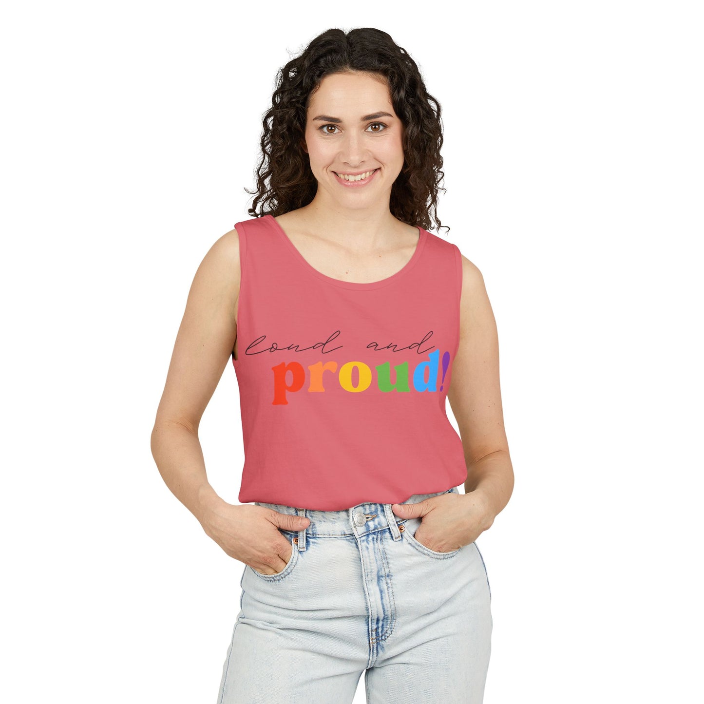 loud and proud! rainbow text Tank Top | Pride LGBTQ+ apparel
