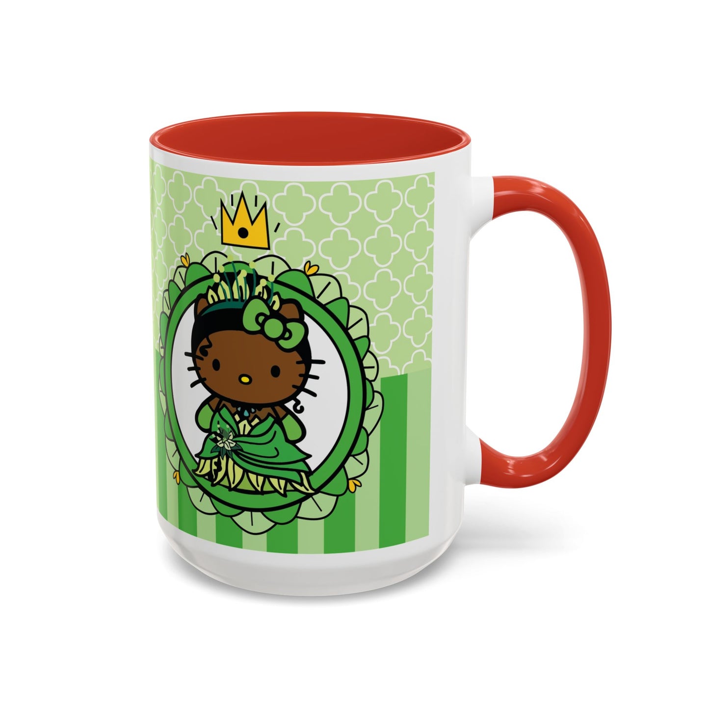 Princess Cat Illustration Accent Coffee Mug | Green Stripes