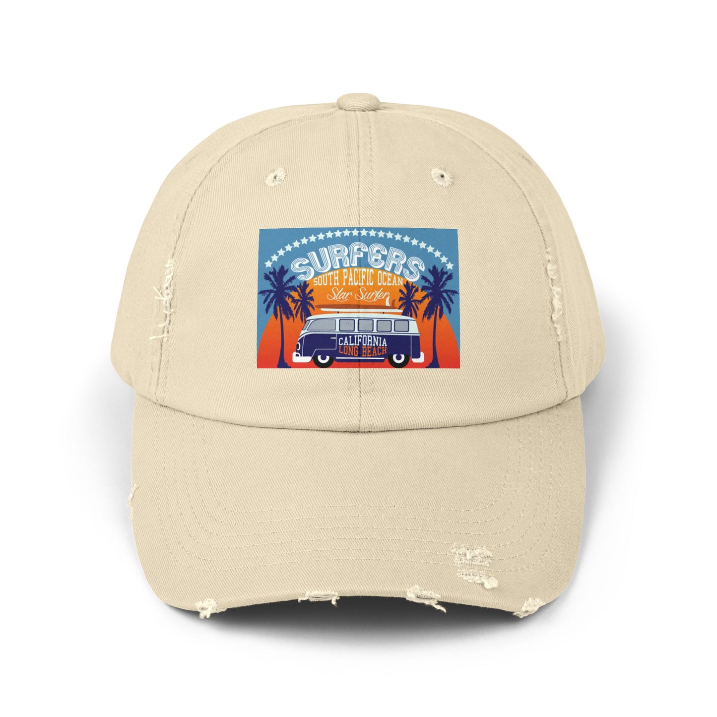 Surfers Van Distressed Cap — Vintage Beach Hat with Palm Trees