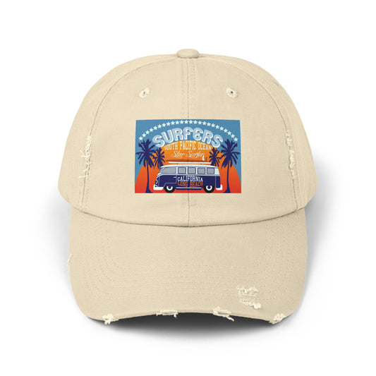 Surfers Van Distressed Cap — Vintage Beach Hat with Palm Trees