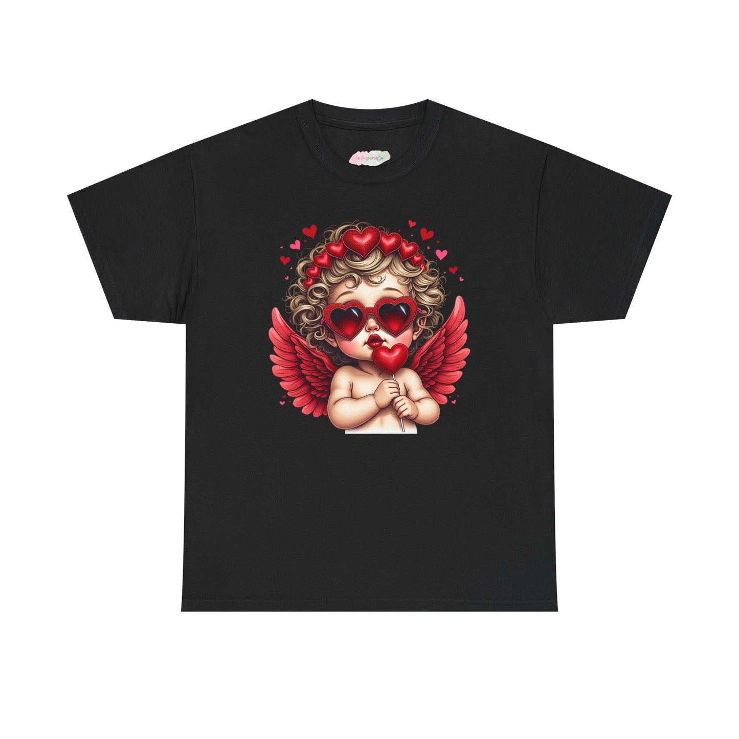 Valentine Cherub Heart Sunglasses T-Shirt | Cupid Angel with Red Wings