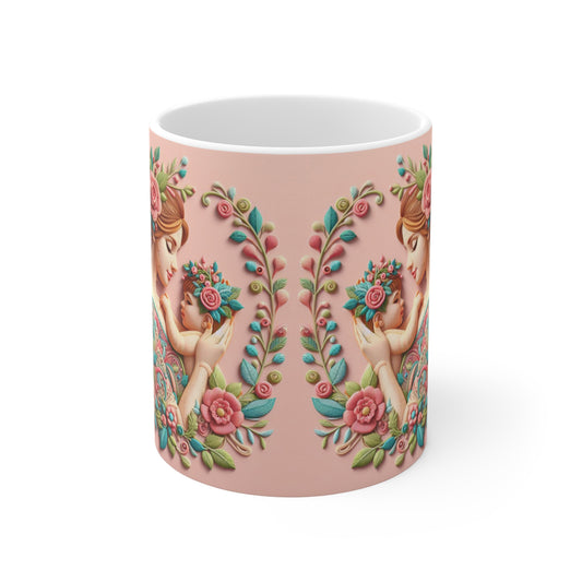 11oz Floral Mother & Child Gift Mug — Pink Vintage Floral Tea Coffee Cup