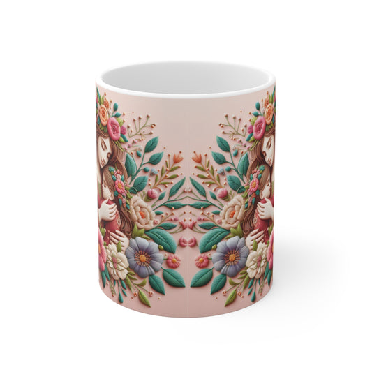 Mother and Baby Floral Mug — Hand-Drawn Maternal Love Coffee Cup