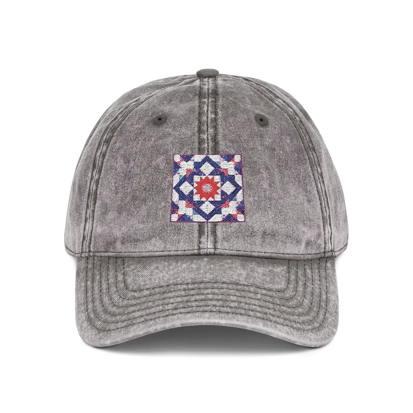 Embroidered Vintage Quilted Star Cap — Distressed Red Baseball Hat