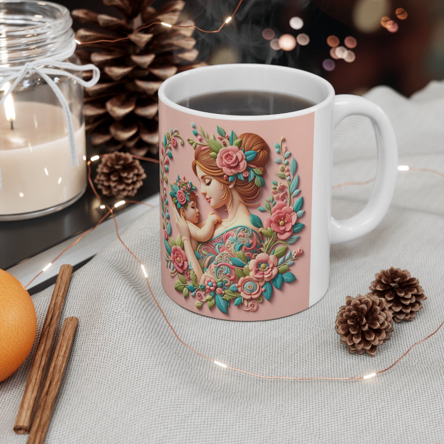 11oz Floral Mother & Child Gift Mug — Pink Vintage Floral Tea Coffee Cup