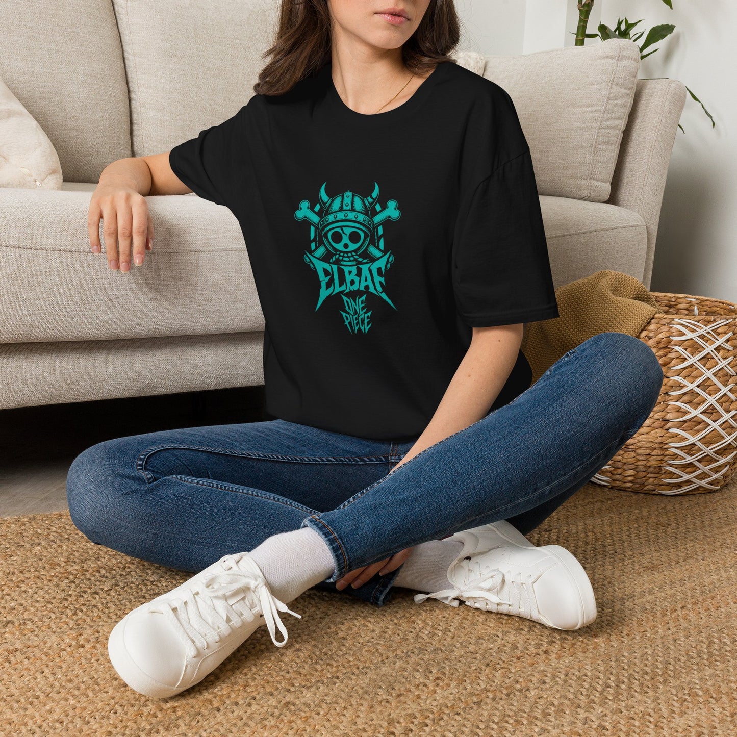 Viking Skull Logo T-Shirt — 'ELBAN' Neon Teal Pirate Skull Tee