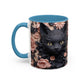 Black Cat & Pink Roses Accent Coffee Mug — 11/15oz Floral Cat Art