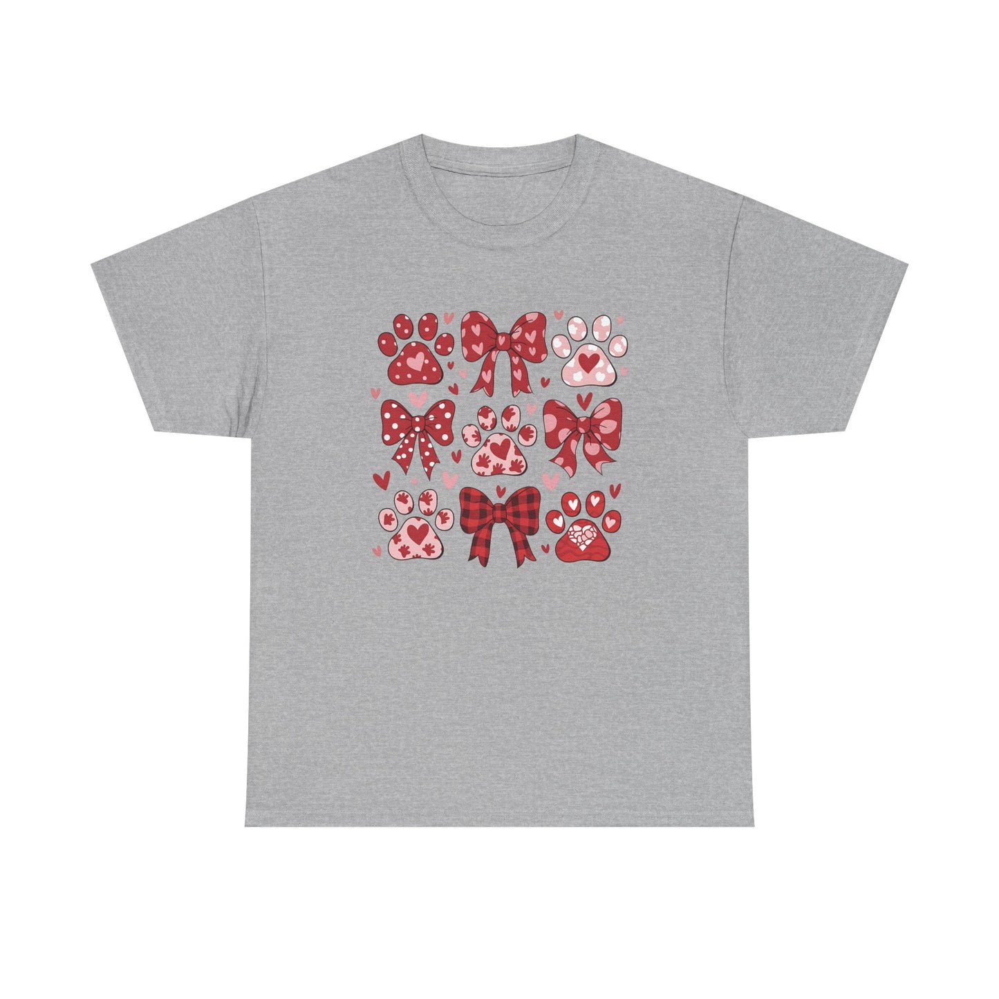 Red Paw Prints and Bows Tee | Cute Cat Dog Paw Heart Pattern