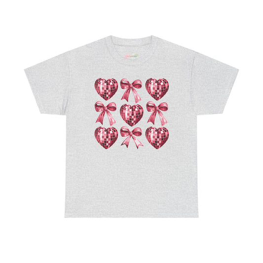 Pink Sequin Hearts & Bows T-Shirt | Valentine Heart Pattern Tee
