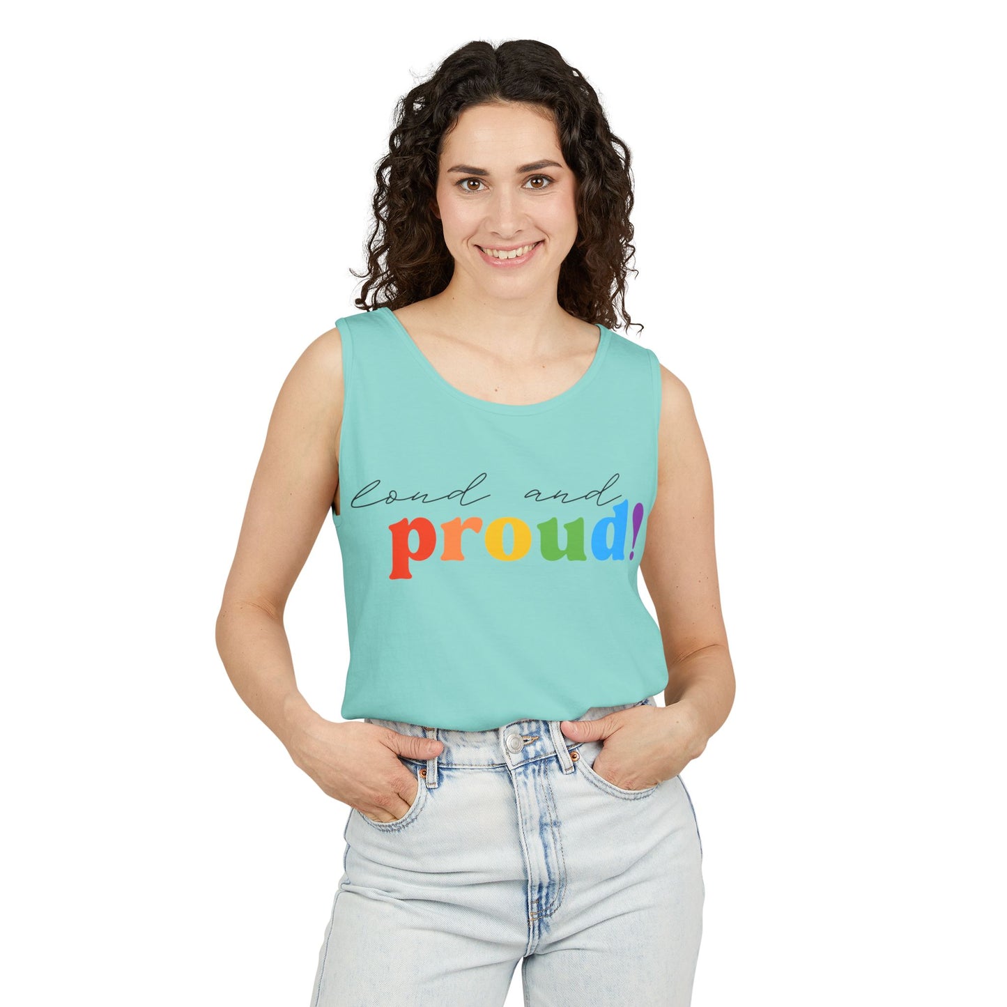 loud and proud! rainbow text Tank Top | Pride LGBTQ+ apparel