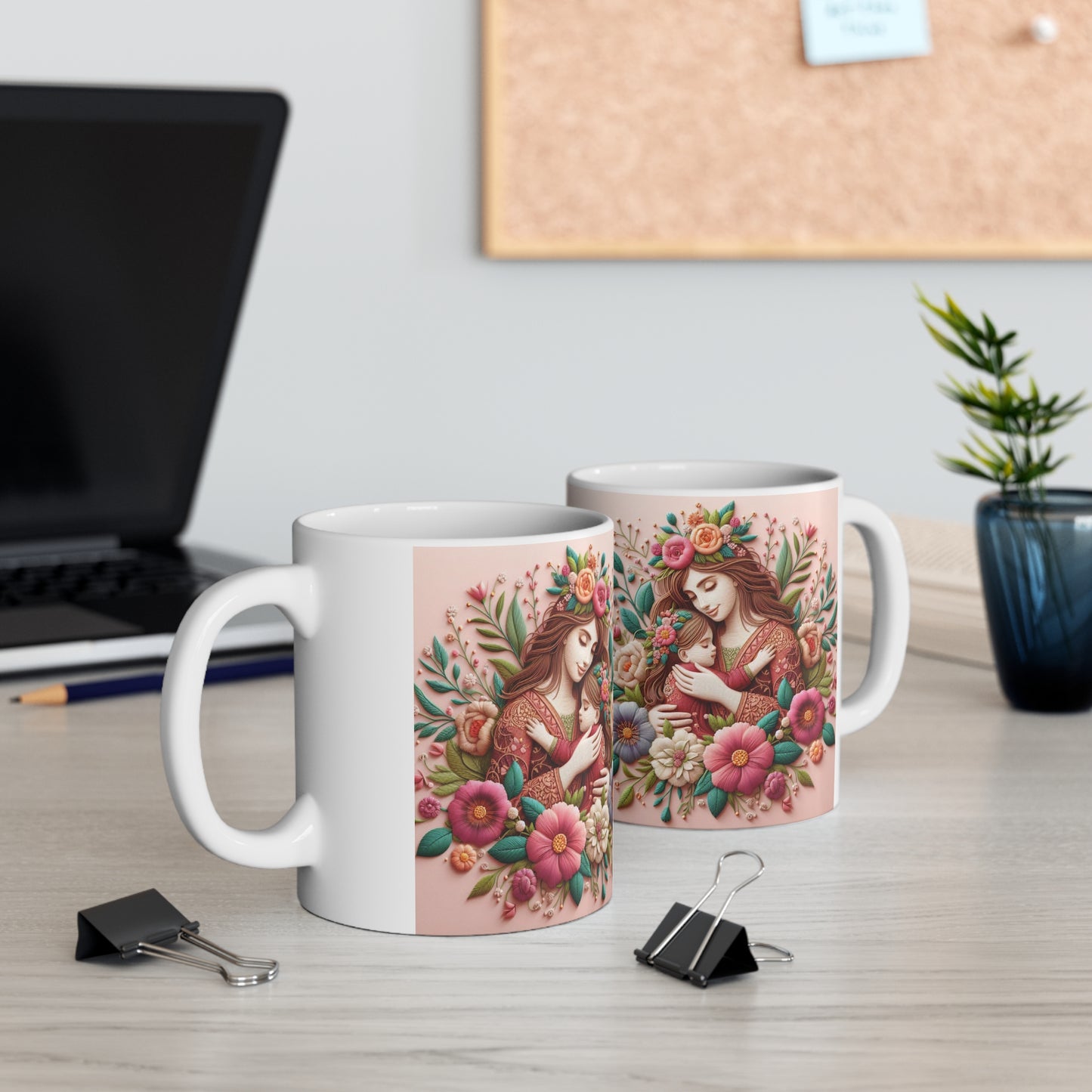 Mother and Baby Floral Mug — Hand-Drawn Maternal Love Coffee Cup