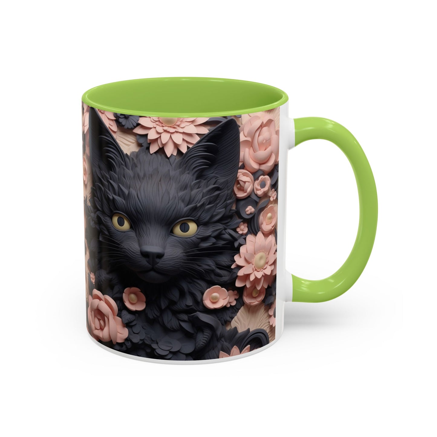 Black Cat & Pink Roses Accent Coffee Mug  11/15oz Floral Cat Art