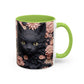 Black Cat & Pink Roses Accent Coffee Mug  11/15oz Floral Cat Art