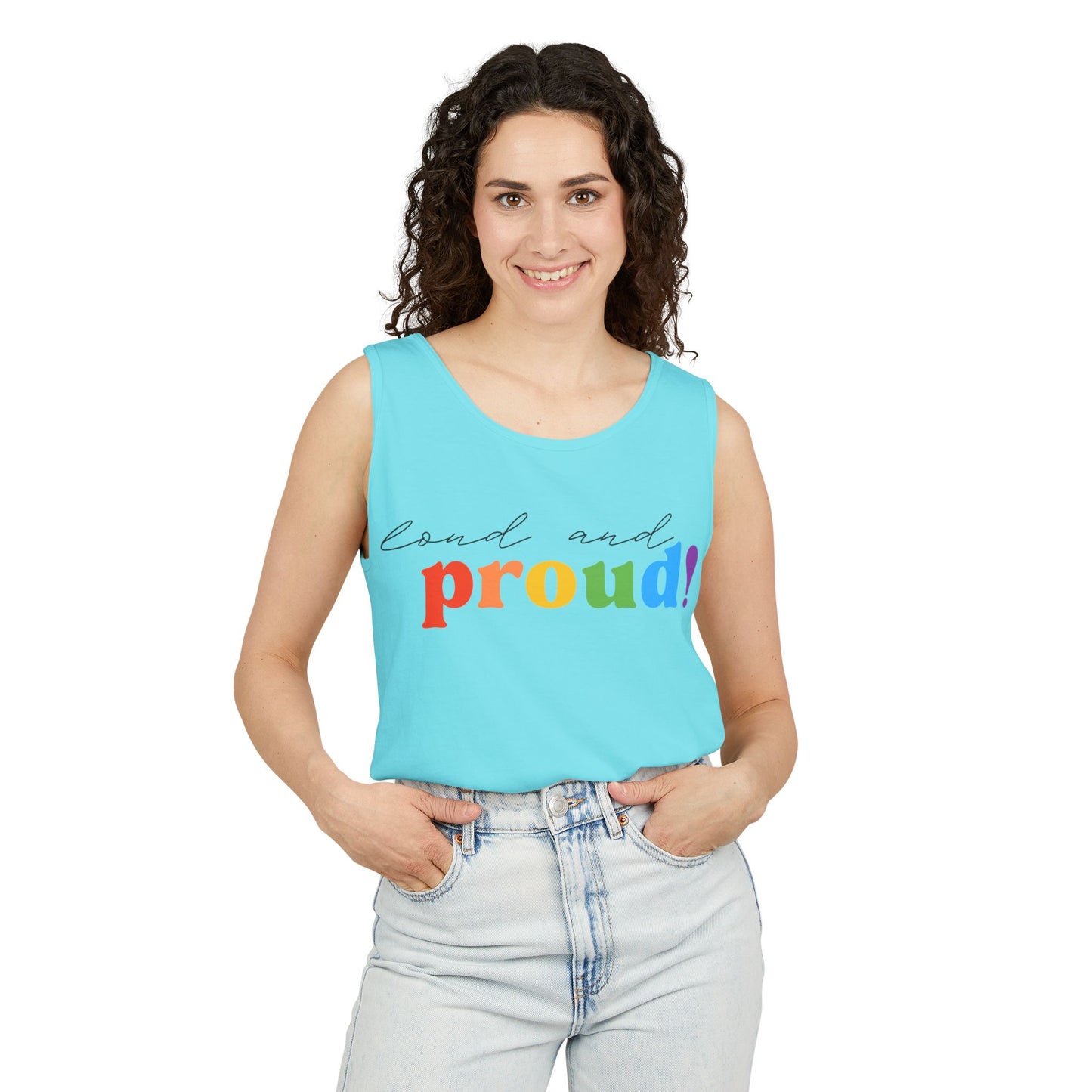 loud and proud! rainbow text Tank Top | Pride LGBTQ+ apparel