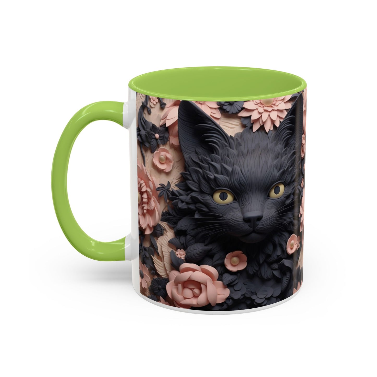 Black Cat & Pink Roses Accent Coffee Mug  11/15oz Floral Cat Art