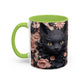 Black Cat & Pink Roses Accent Coffee Mug  11/15oz Floral Cat Art