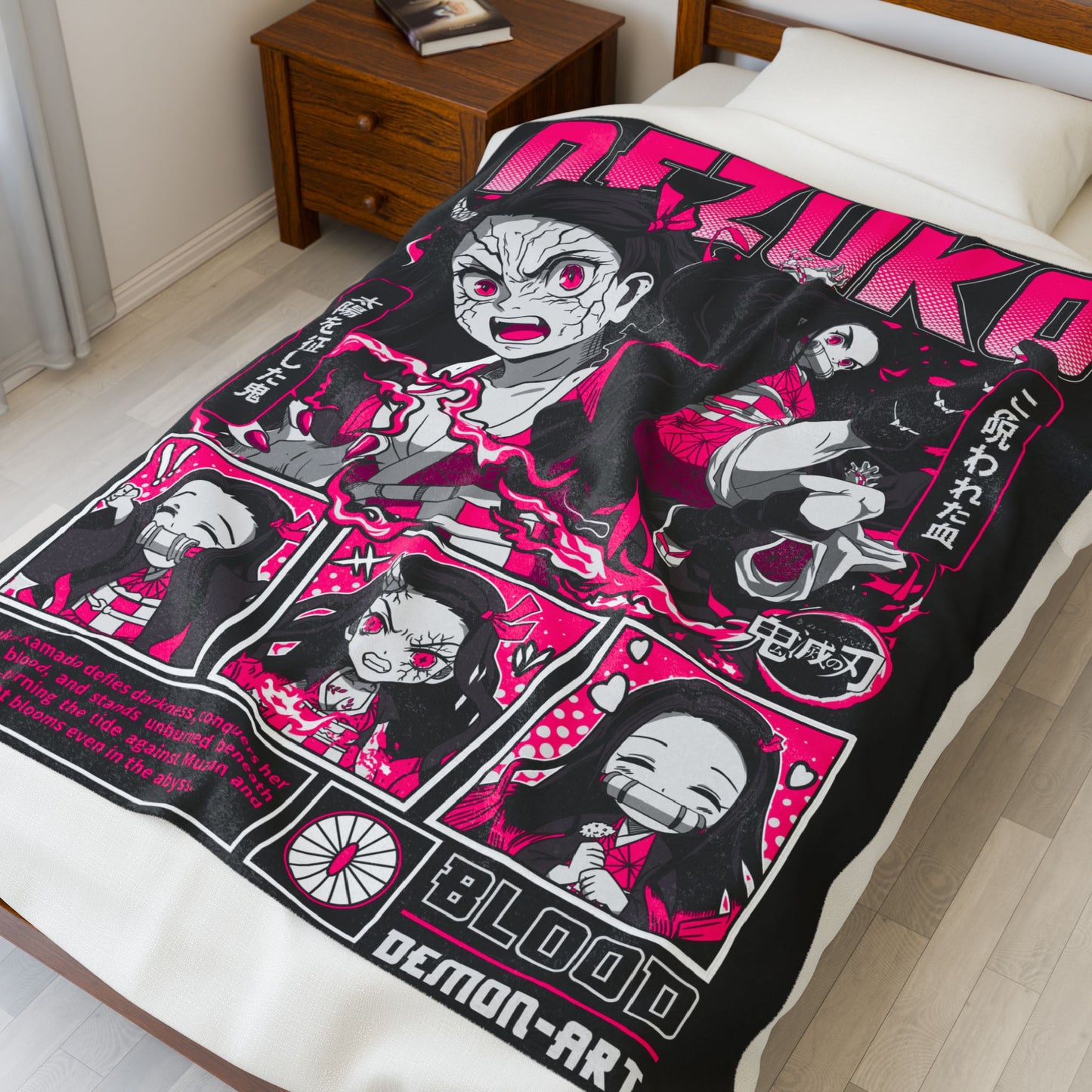 Nezuko Anime Panel Velveteen Blanket | Demon Slayer Manga Art, Neon Pink Black