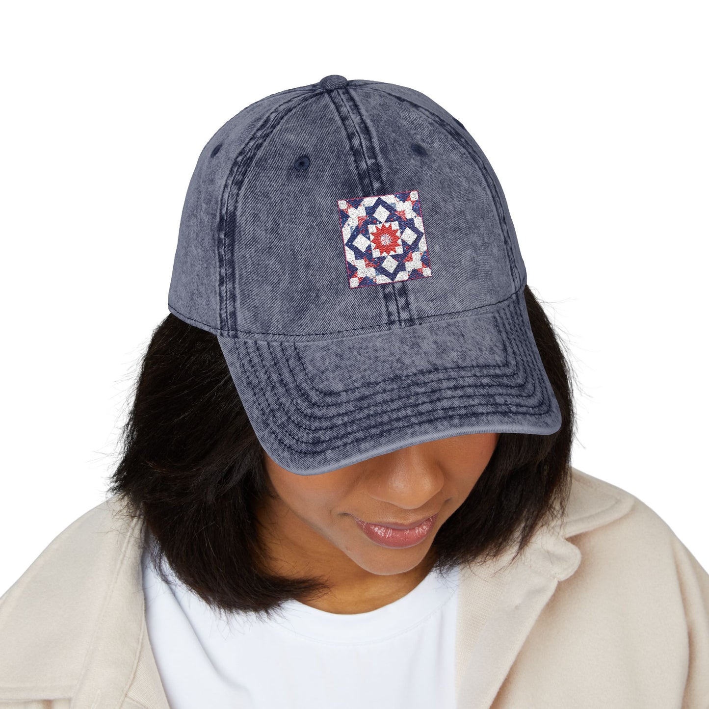Embroidered Vintage Quilted Star Cap — Distressed Red Baseball Hat
