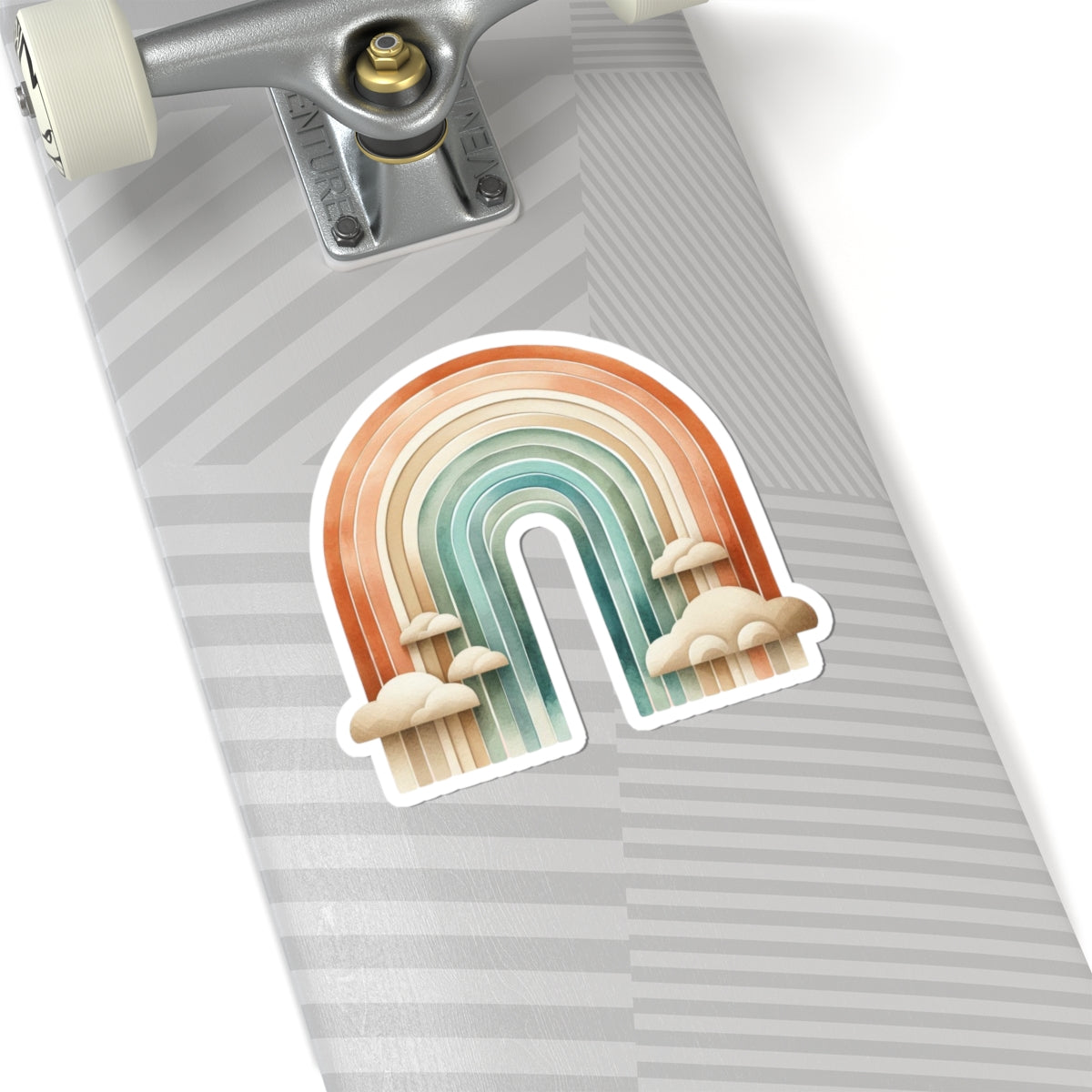 Boho Rainbow Kiss-Cut Sticker — Retro Earth Tones Rainbow with Clouds