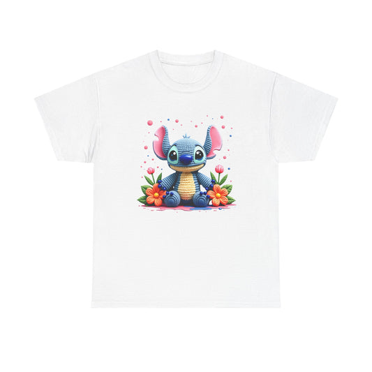 Cute Blue Alien Character Tee | Sitting Stitch-Inspired Design, Floral Accents