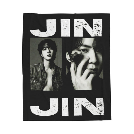 Jin Black Photo Collage Name Blanket | BTS Velveteen Plush Blanket