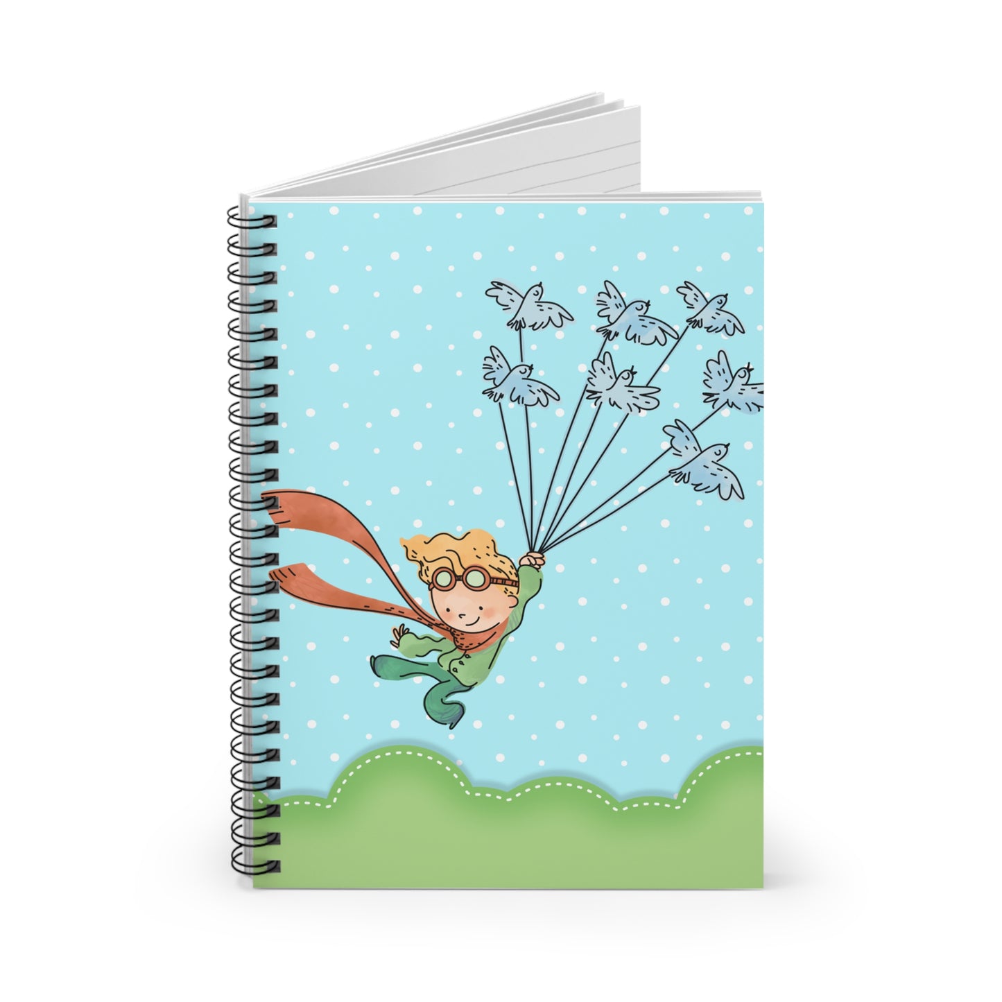 Child’s Adventure Spiral Notebook | Cute Flying Boy with Bird Balloons, Ruled Journal