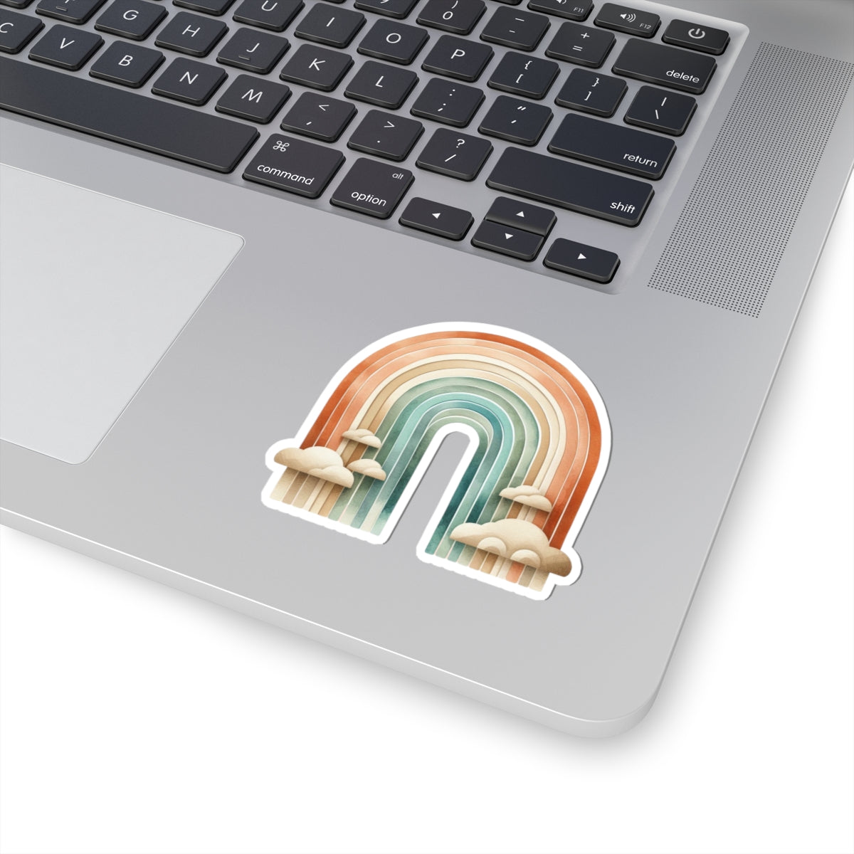 Boho Rainbow Kiss-Cut Sticker — Retro Earth Tones Rainbow with Clouds