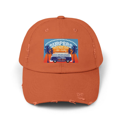 Surfers Van Distressed Cap — Vintage Beach Hat with Palm Trees