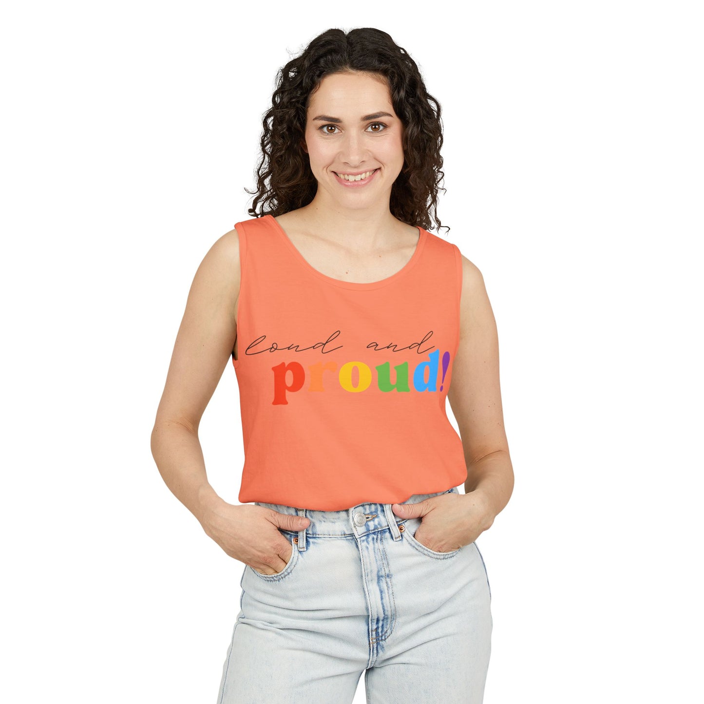 loud and proud! rainbow text Tank Top | Pride LGBTQ+ apparel